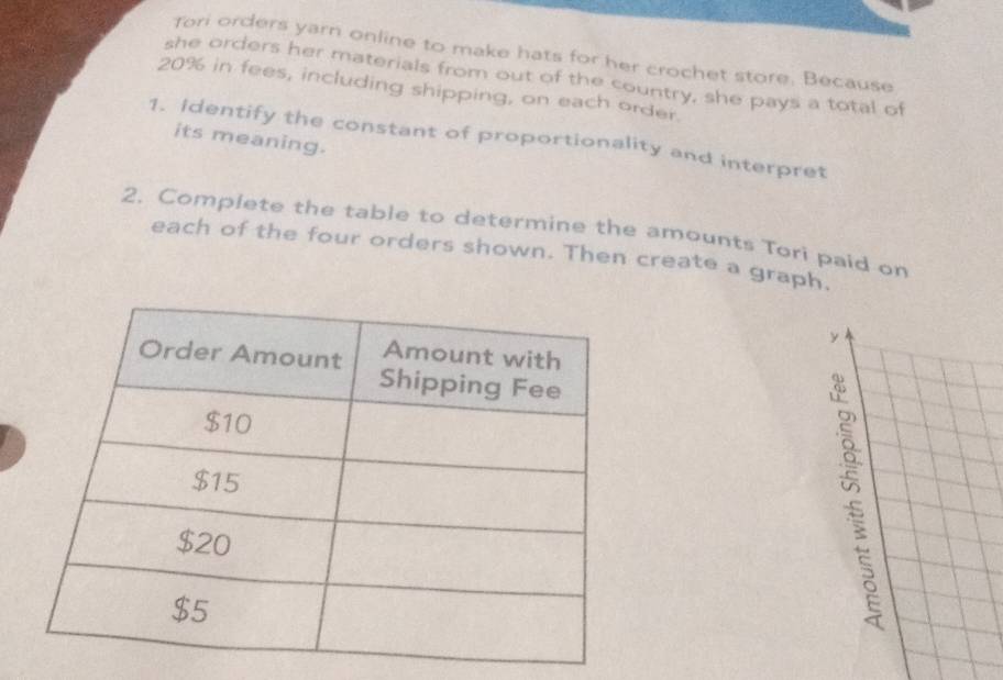 Tori orders yarn online to make hats for her crochet store. Because 
she orders her materials from out of the country, she pays a total of
20% in fees, including shipping, on each order. 
1. Identify the constant of proportionality and interpret 
its meaning. 
2. Complete the table to determine the amounts Tori paid on 
each of the four orders shown. Then create a graph. 
y