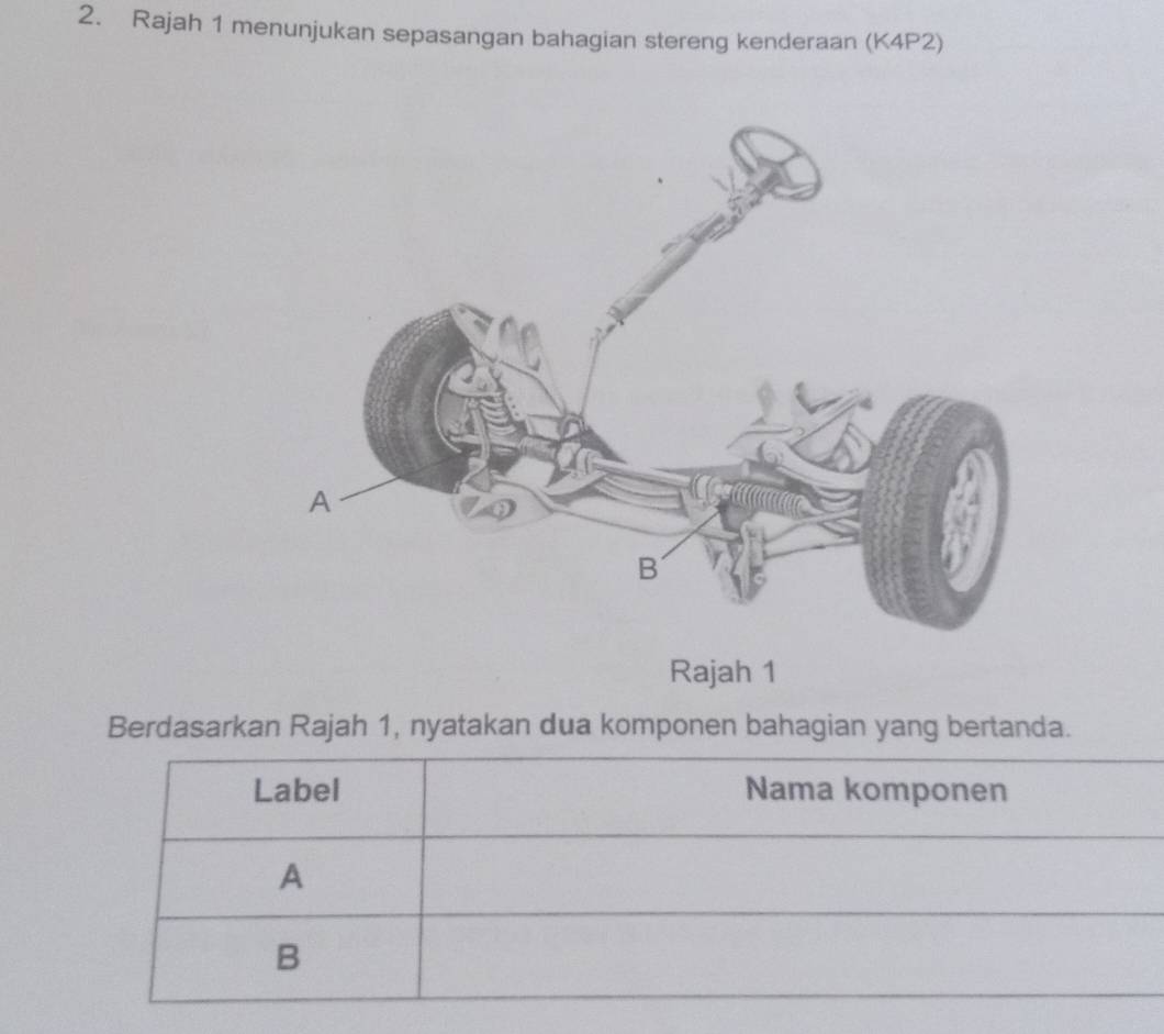 Rajah 1 menunjukan sepasangan bahagian stereng kenderaan (K4P2)
Rajah 1
Berdasarkan Rajah 1, nyatakan dua komponen bahagian yang bertanda.
Label Nama komponen
A
B