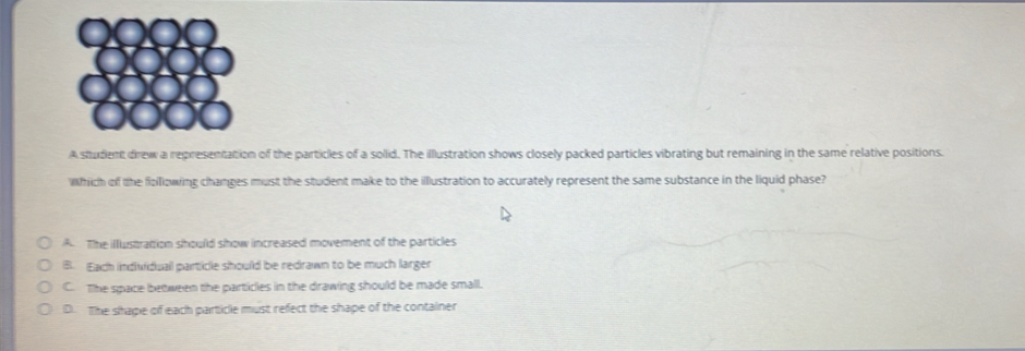 A student drew a representation of the particles of a sollid. The illustration shows closely packed particles vibrating but remaining in the same relative positions.
Which of the following changes must the student make to the illlustration to accurately represent the same substance in the liquid phase?
A The ilustration should show increased movement of the particles
B. Each individual particle should be redrawn to be much larger
C. The space between the particles in the drawing should be made small.
D. The shape of each particle must refect the shape of the container