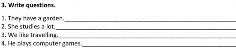 Write questions. 
1. They have a garden._ 
_ 
2. She studies a lot. 
3. We like travelling._ 
4. He plays computer games._