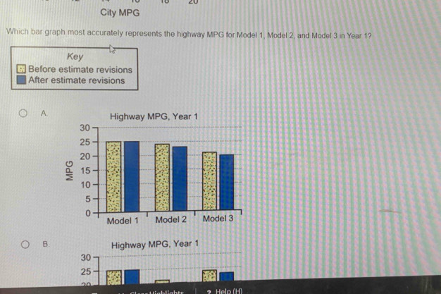 City MPG
Which bar graph most accurately represents the highway MPG for Model 1, Model 2, and Model 3 in Year 1?
Key
:. Before estimate revisions
After estimate revisions
A.
B. Highway MPG, Year 1
30
25
Helo (H)