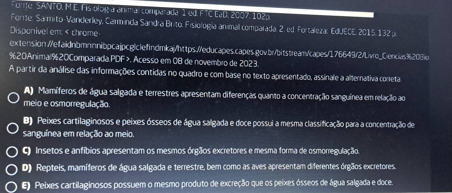 Fonte: SANTO, M.E. Fis ología animal comparada 1 ed. FTC EaD, 2007, 102p.
Fonte: Salmito-Vanderley, Carminda Sandra Brito. Fisiologia animal comparada. 2. ed. Fortaleza: EdUECE, 2015. 132 p.
Disponível em:. Acesso em 08 de novembro de 2023.
A partir da análise das informações contidas no quadro e com base no texto apresentado, assinale a alternativa correta:
A) Mamíferos de água salgada e terrestres apresentam diferenças quanto a concentração sanguínea em relação ao
meio e osmorregulação.
B) Peixes cartilaginosos e peixes ósseos de água salgada e doce possui a mesma classificação para a concentração de
sanguínea em relação ao meio.
C) Insetos e anfíbios apresentam os mesmos órgãos excretores e mesma forma de osmorregulação.
D) Repteis, mamíferos de água salgada e terrestre, bem como as aves apresentam diferentes órgãos excretores.
E) Peixes cartilaginosos possuem o mesmo produto de excreção que os peixes ósseos de água salgada e doce.