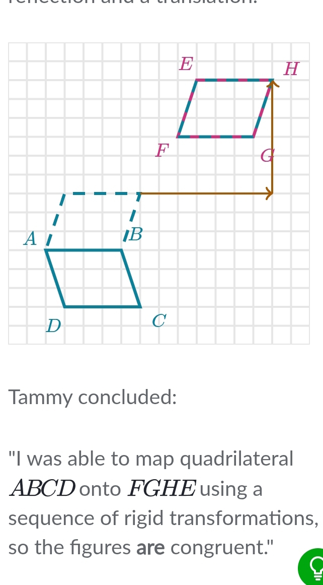 Tammy concluded: 
"I was able to map quadrilateral
ABCD onto FGHE using a 
sequence of rigid transformations, 
so the figures are congruent."