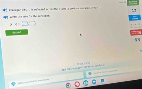 Valiso ® 
Pentagon EFGHI is reflected across the x-axis to produce pentagon E'F'G'HT'. 
12 
I) Write the rule for the reflection. Pynch
(x,y)rightarrow (□ ,□ )
16
Submit
63
Not feeling ready yet? These can help: Work it out 
Refections: And the coordinares isalons: And tA Upssns