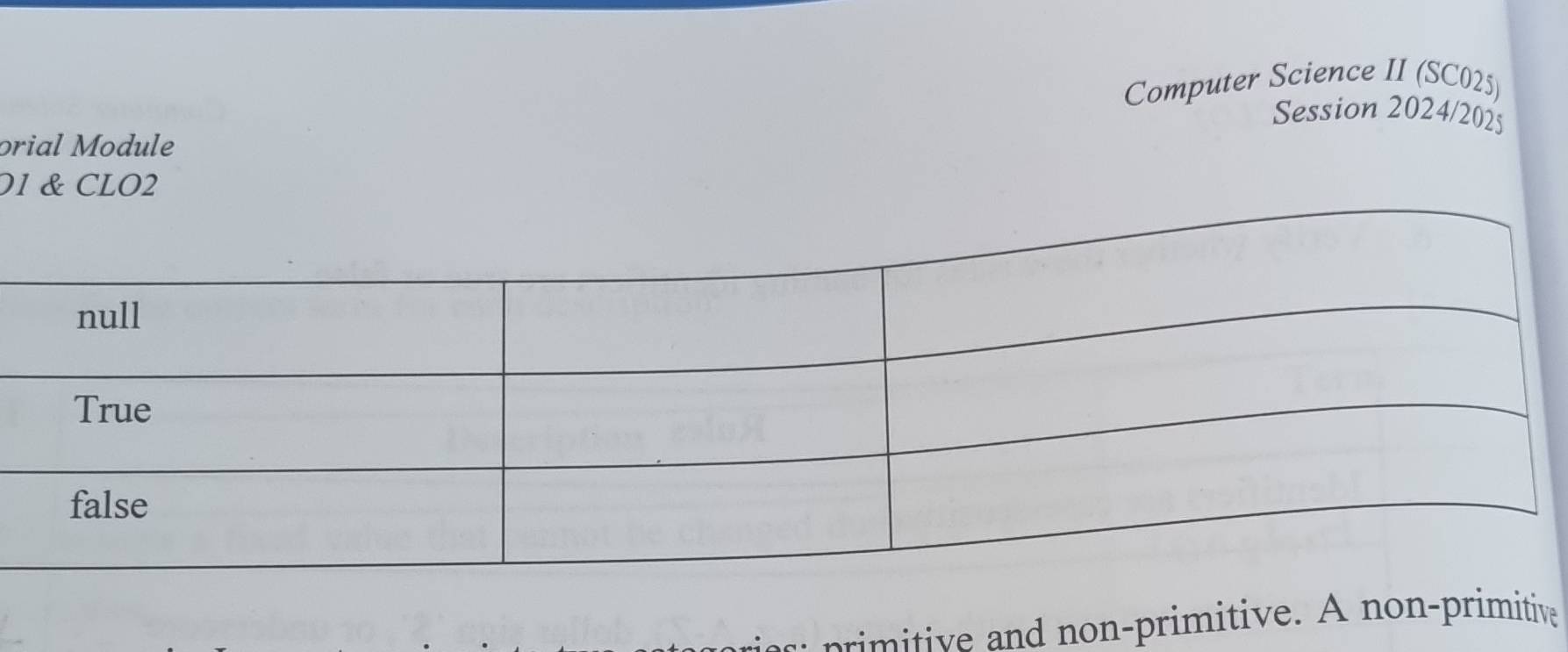 Computer Science II (SC025) 
Session 2024/2025 
orial Module 
O1 & CLO2 
imitive and non-primitive. A non-primitive