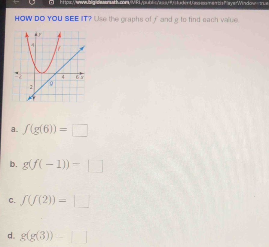 HOW DO YOU SEE IT? Use the graphs of f and g to find each value.
a. f(g(6))=□
b. g(f(-1))=□
C. f(f(2))=□
d. g(g(3))=□