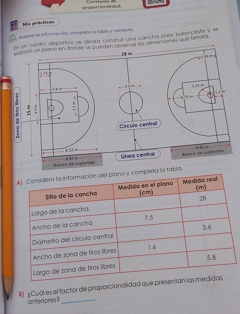 Constante de 
proporcionalidad. 
Mis prácticas 
Analiza la información, completa la tabla y contesta. 
ntro deportivo se desea construir una cancha para baloncesto y se 
r las dimensiones que tendrá. 
B) ¿Cuál es el factor de proporcionalidad q 
anteriores?_