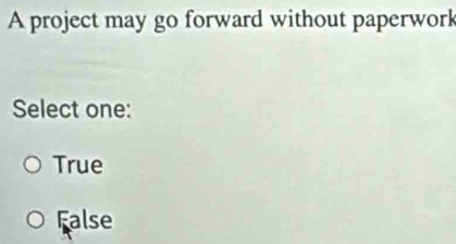 A project may go forward without paperwork
Select one:
True
False