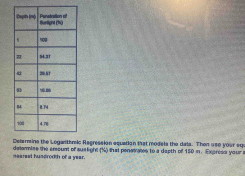 Regression equation that models the data. Then use your equ 
determine the amount of sunlight (%) that penetrates to a depth of 150 m. Express your a 
nearest hundredth of a year.