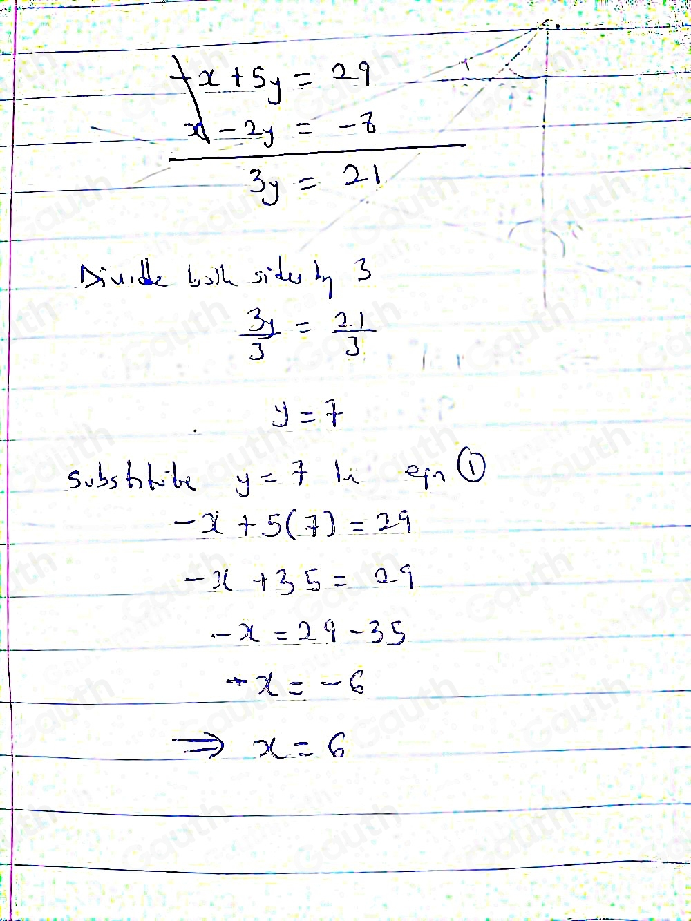 beginarrayr beginarrayl x+5y=27_ 7 x-2y=-8 y=21endarray
Aivide boll sidh 3
 3y/3 = 21/3 
y=7
sobshhibe y=7 L ein ①
-x+5(7)=29
-x+35=29
-x=29-35
-x=-6
x=6