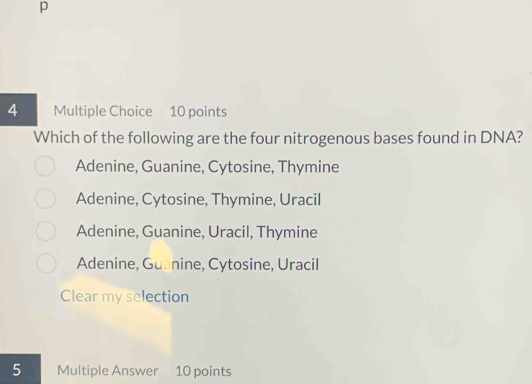 Which of the following are the four nitrogenous bases found in DNA?
Adenine, Guanine, Cytosine, Thymine
Adenine, Cytosine, Thymine, Uracil
Adenine, Guanine, Uracil, Thymine
Adenine, Guanine, Cytosine, Uracil
Clear my selection
5 Multiple Answer 10 points