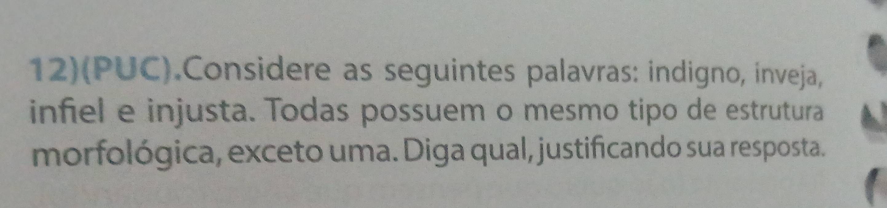 12)(PUC).Considere as seguintes palavras: indigno, inveja, 
infiel e injusta. Todas possuem o mesmo tipo de estrutura 
morfológica, exceto uma. Diga qual, justificando sua resposta.