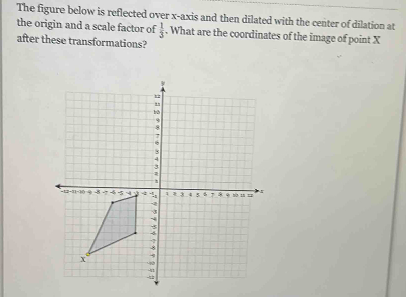 The figure below is reflected over x-axis and then dilated with the center of dilation at 
the origin and a scale factor of  1/3 . What are the coordinates of the image of point X
after these transformations?