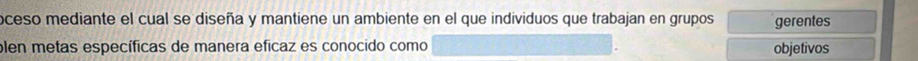 oceso mediante el cual se diseña y mantiene un ambiente en el que individuos que trabajan en grupos gerentes 
plen metas específicas de manera eficaz es conocido como objetivos