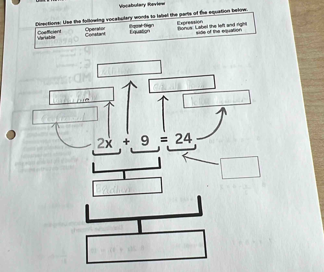 Vocabulary Review 
Directions: Use the following vocabulary words to label the parts of the equation below. 
Coefficient Operator Equal Sign Expression 
Variable Constant Equation Bonus: Label the left and right 
side of the equation
2x+9=24