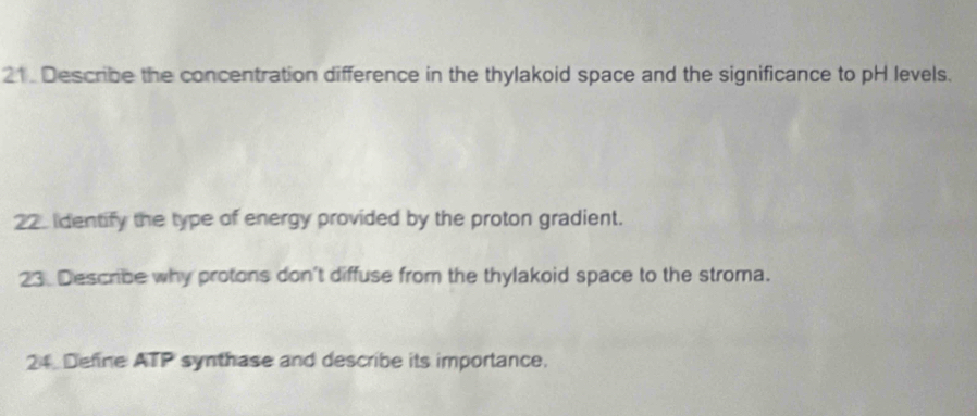 Describe the concentration difference in the thylakoid space and the significance to pH levels. 
22. Iidentify the type of energy provided by the proton gradient. 
23. Describe why protons don't diffuse from the thylakoid space to the stroma. 
24 Define ATP synthase and describe its importance.