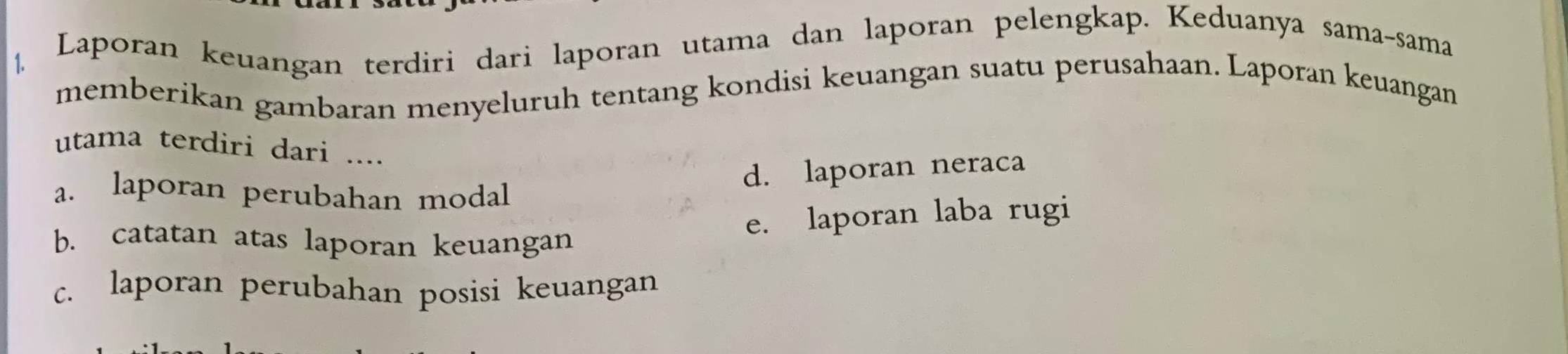 Laporan keuangan terdiri dari laporan utama dan laporan pelengkap. Keduanya sama-sama
memberikan gambaran menyeluruh tentang kondisi keuangan suatu perusahaan. Laporan keuangan
utama terdiri dari ....
a. laporan perubahan modal
d. laporan neraca
e. laporan laba rugi
b. catatan atas laporan keuangan
c. laporan perubahan posisi keuangan