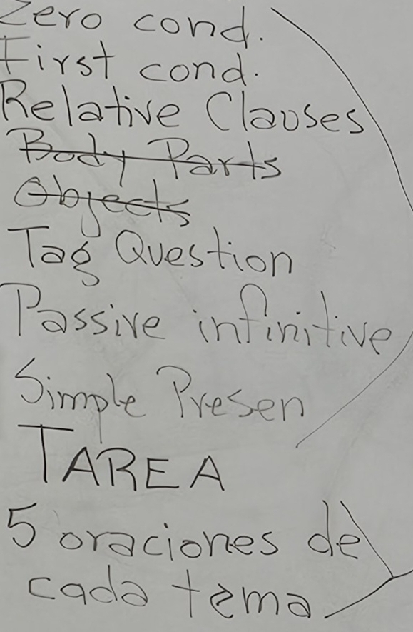 zero cond. 
First cond. 
Relative Clooses 
Body Parts

Tog Question 
Passive infinitive 
Simple Presen 
TAREA
5 oraciones de 
cada temo