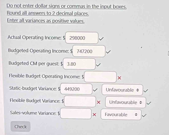 Do not enter dollar signs or commas in the input boxes. 
Round all answers to 2 decimal places. 
Enter all variances as positive values. 
Actual Operating Income: $ 298000
Budgeted Operating Income: $ 747200
Budgeted CM per guest: $ 3.80
Flexible Budget Operating Income: $
× 
Static-budget Variance: $ 449200 Unfavourable 
Flexible Budget Variance: $ × Unfavourable $
Sales-volume Variance: $ Favourable 
× 
Check