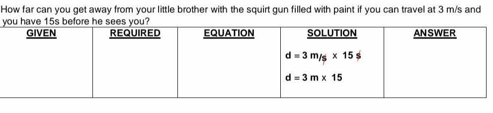 How far can you get away from your little brother with the squirt gun filled with paint if you can travel at 3 m/s and
y