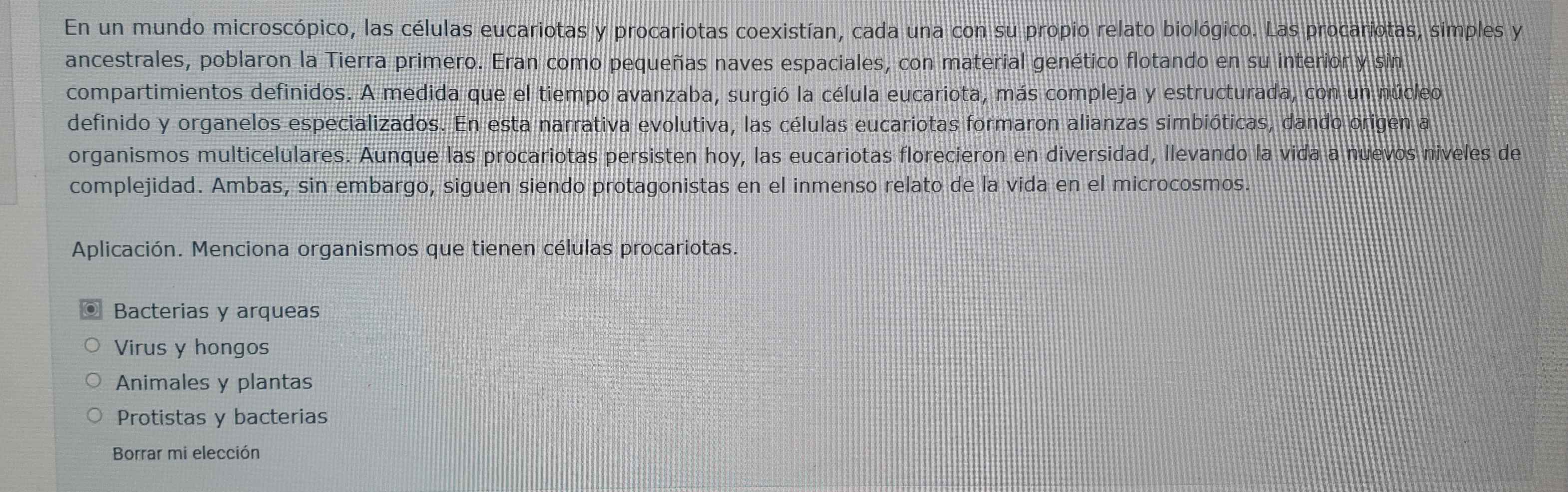 En un mundo microscópico, las células eucariotas y procariotas coexistían, cada una con su propio relato biológico. Las procariotas, simples y
ancestrales, poblaron la Tierra primero. Eran como pequeñas naves espaciales, con material genético flotando en su interior y sin
compartimientos definidos. A medida que el tiempo avanzaba, surgió la célula eucariota, más compleja y estructurada, con un núcleo
definido y organelos especializados. En esta narrativa evolutiva, las células eucariotas formaron alianzas simbióticas, dando origen a
organismos multicelulares. Aunque las procariotas persisten hoy, las eucariotas florecieron en diversidad, Ilevando la vida a nuevos niveles de
complejidad. Ambas, sin embargo, siguen siendo protagonistas en el inmenso relato de la vida en el microcosmos.
Aplicación. Menciona organismos que tienen células procariotas.
Bacterias y arqueas
Virus y hongos
Animales y plantas
Protistas y bacterias
Borrar mi elección