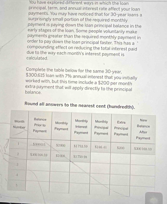 You have explored different ways in which the loan 
principal, term, and annual interest rate affect your loan 
payments. You may have noticed that for 30-year loans a 
surprisingly small portion of the required monthly 
payment is paying down the loan principal balance in the 
early stages of the loan. Some people voluntarily make 
payments greater than the required monthly payment in 
order to pay down the loan principal faster. This has a 
compounding effect on reducing the total interest paid 
due to the way each month's interest payment is 
calculated. 
Complete the table below for the same 30-year,
$300,615 loan with 7% annual interest that you initially 
worked with, but this time include a $200 per month
extra payment that will apply directly to the principal 
balance. 
Round all answers to the nearest cent (hu