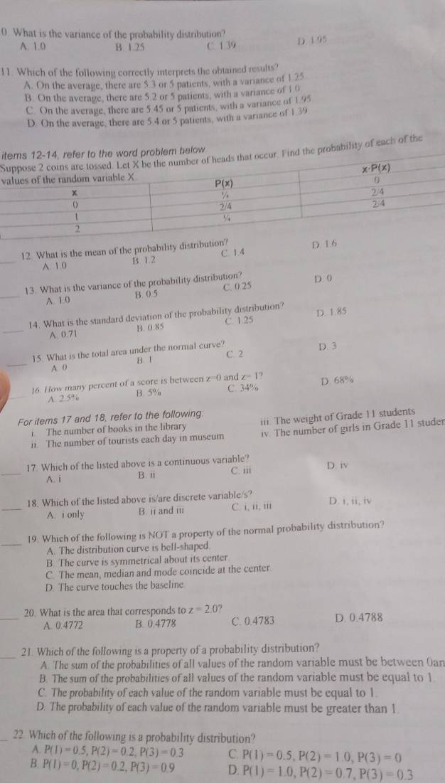 What is the variance of the probability distribution?
A. 1.0 B. 1.25 C. 1 39 D. 1.95
11. Which of the following correctly interprets the obtained results?
A. On the average, there are 5 3 or 5 patients, with a variance of 125
B. On the average, there are 5.2 or 5 patients, with a variance of 1.0
C. On the average, there are 5.45 or 5 patients, with a variance of 1.95
D. On the average, there are 5.4 or 5 patients, with a variance of 1.39
ilem below
S the probability of each of the
v
_
12. What is the mean of the probability distribution? C. 1.4 D. 1.6
A. 1 0 B. 1.2
_
13. What is the variance of the probability distribution? D. 0
A. L0 B. 0.5 C. 0 25
_
14. What is the standard deviation of the probability distribution?
A. 0.71 B. 0 85 C. 1 25 D. 1.85
15. What is the total area under the normal curve? D. 3
C. 2
_A. 0 B. I
16. How many percent of a score is between z=0 and z=1. D. 68%
_A. 2.5% B. 5% C. 34%
For items 17 and 18, refer to the following.
i. The number of books in the library iii. The weight of Grade 11 students
ii. The number of tourists each day in museum iv. The number of girls in Grade 11 studer
_
17. Which of the listed above is a continuous variable? D. iv
A. i B. ii C. iii
_
18. Which of the listed above is/are discrete variable/s? D. i, ii, iv
A. i only B. ii and iii C. i, ii, iii
_
19. Which of the following is NOT a property of the normal probability distribution?
A. The distribution curve is bell-shaped.
B. The curve is symmetrical about its center.
C. The mean, median and mode coincide at the center
D. The curve touches the baseline
_
20 What is the area that corresponds to z=2.0 ?
A. 0.4772 B. 0.4778 C. 0.4783 D. 0.4788
_21. Which of the following is a property of a probability distribution?
A. The sum of the probabilities of all values of the random variable must be between (an
B. The sum of the probabilities of all values of the random variable must be equal to 1
C. The probability of each value of the random variable must be equal to 1
D. The probability of each value of the random variable must be greater than 1
_22. Which of the following is a probability distribution?
A. P(1)=0.5,P(2)=0.2,P(3)=0.3 C P(1)=0.5,P(2)=1.0,P(3)=0
B. P(1)=0,P(2)=0.2,P(3)=0.9 D. P(1)=1.0,P(2)=0.7,P(3)=0.3