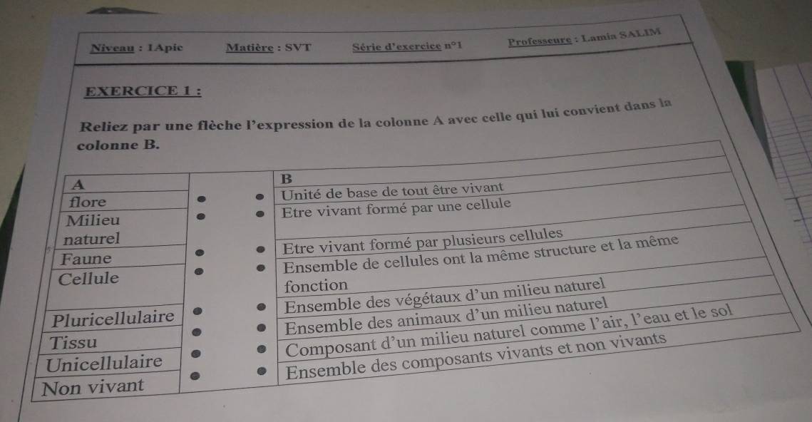 Niveau : 1Apic Matière : SVT Série d exercice n°1 Professcure : Lamia SALIM 
EXERCICE 1 : 
Reliez par une flèche l’expression de la colonne A avec celle qui lui convient dans la