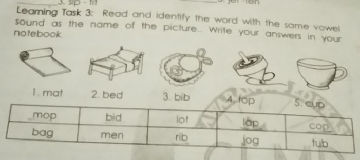 sup - m 
Learning Task 3: Read and identify the word with the same vowel 
sound as the name of the picture... Write your answers in your 
notebook. 
1. mat 2. bed 3. bib