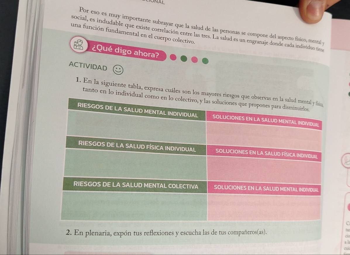 Por eso es muy importante subrayar que la salud de las personas se compone del aspecto físico, mental 
una función fundamental en el cuerpo colectivo. 
social, es indudable que existe correlación entre las tres. La salud es un engranaje donde cada individuo tiena 
¿Qué digo ahora? 
ACTIVIDAD 
1. En la siguiente tabla, expresa cuáles son los 
tanto en lo indi 
C 
2. En plenaria, expón tus reflexiones y escucha las de tus compañeros(as). 
ah 
cui