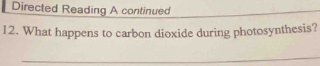 Directed Reading A continued 
_ 
12. What happens to carbon dioxide during photosynthesis? 
_