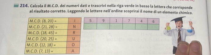 Calcola il M.C.D. dei numeri dati e trascrivi nella riga verde in basso la lettera che corrisponde
al risultato corretto. Leggendo le lettere nell’ordine scoprirai il nome di un elemento chimico.