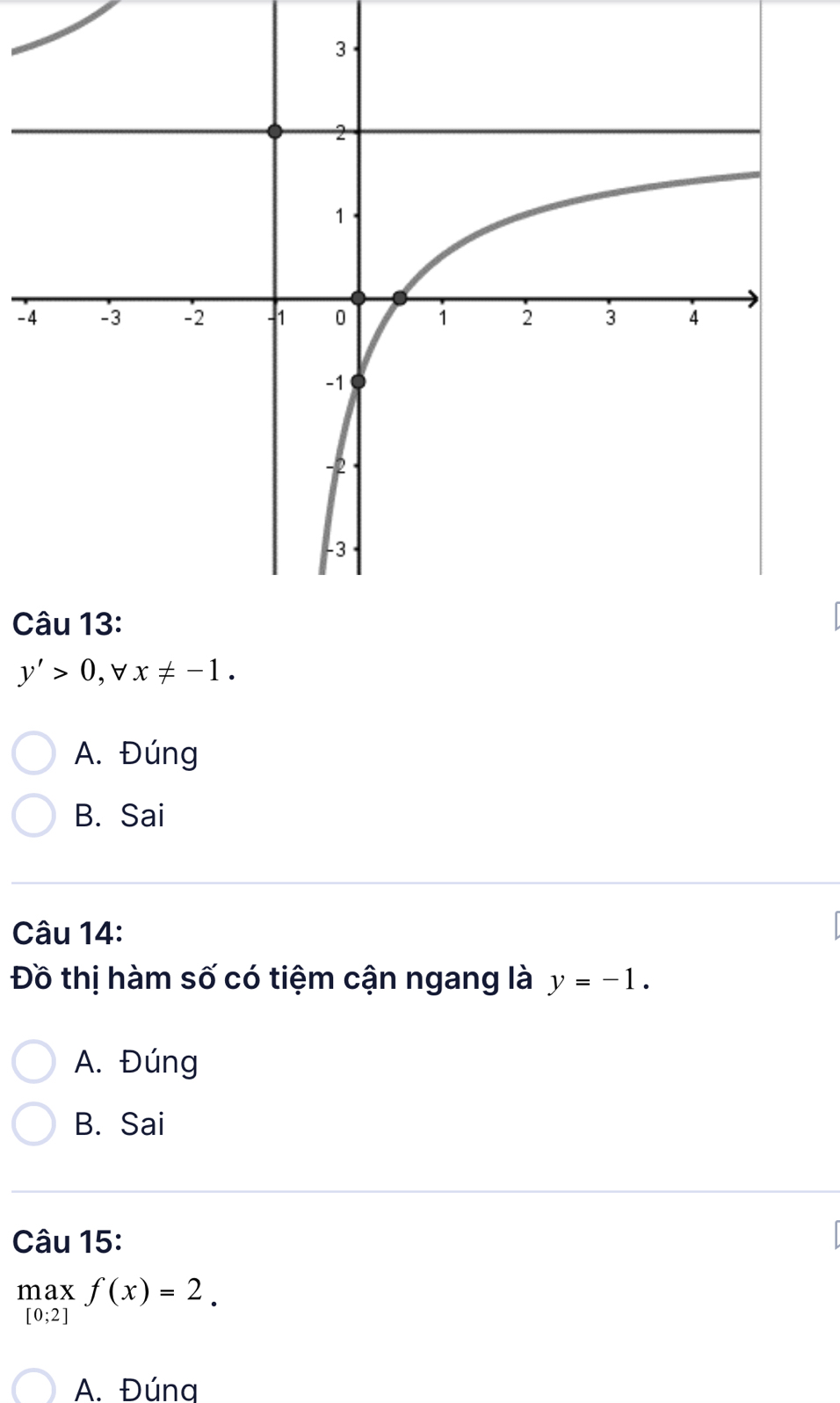 y'>0 , ∀ x!= -1.
A. Đúng
B. Sai
Câu 14:
Đồ thị hàm số có tiệm cận ngang là y=-1.
A. Đúng
B. Sai
Câu 15:
max f(x)=2.
[0;2]
A. Đúna