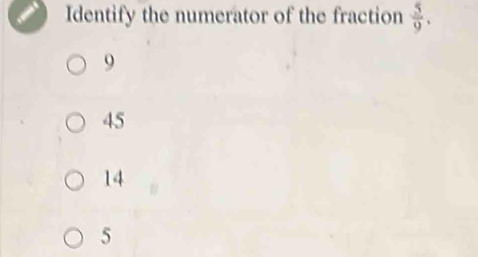 Identify the numerator of the fraction  5/9 .
9
45
14
5