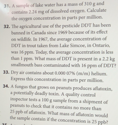 Solved: A sample of lake water has a mass of 310 g and contains 2.24 mg ...