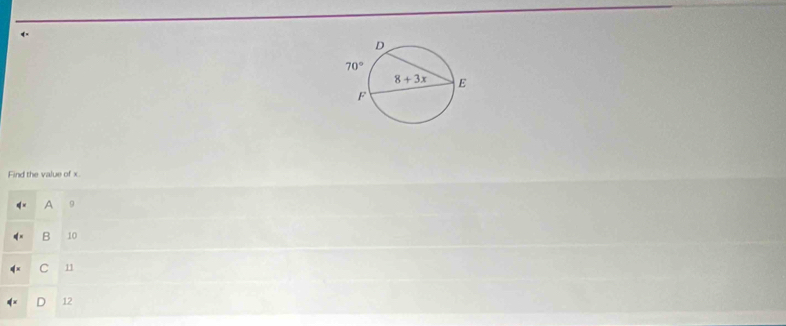 Find the value of x.
A 9
B 10
C  11
D 12