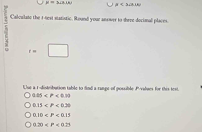 mu =$28.00
mu
Calculate the 1 -test statistic. Round your answer to three decimal places.
5 t=□
Use a 1 -distribution table to find a range of possible P -values for this test.
0.05
0.15
0.10
0.20