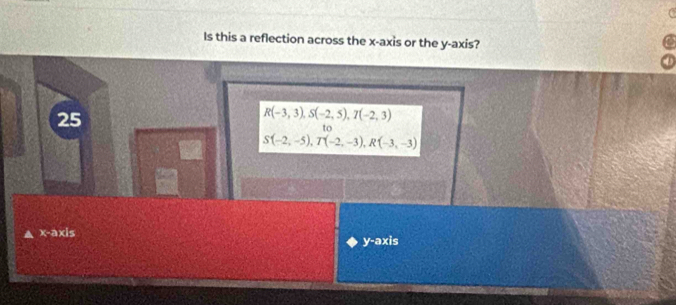 Is this a reflection across the x-axis or the y-axis?
25
R(-3,3), S(-2,5), T(-2,3)
to
S(-2,-5), T(-2,-3), R(-3,-3)
x-axis
y-axis