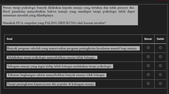 Proses terapi psikologis banyak dilakukan kepada remaja yang tertekan dan tidak percaya diri.
Hasil penelitian menyebutkan bahwa remaja yang mendapat terapi psikologis lebih dapat
menerima masalah yang dihadapinya.
Manakah DUA simpulan yang PALING DIDUKUNG oleh bacaan tersebut?
Soal Benar Salah
Banyak program sekolah yang menawarkan program peningkatan kesehatan mental bagi remaja.
Melakukan terapi psikologis menvebabkan remaja lebíḥ bahagia.
Sebagian remaja yang ingin hidup lebih bahagia melakukan terapi psikologis
Tekanan lingkungan sekitar menyebabkan banyak remaja tidak bahagia.
Terapi peningkatan kepercayaan diri populer di kalangan remaja.