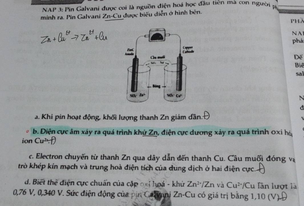 NAP 3: Pin Galvani được coi là nguồn điện hoá học đầu tiên mà con người phị
minh ra. Pin Galvani Zn-Cu được biếu diễn ở hình bên.
Phà
NAI
phả
Để
Biể
sal
N
d
a. Khi pin hoạt động, khối lượng thanh Zn giảm dần.:
b. Điện cực âm xáy ra quá trình khý Zn, điện cực dương xảy ra quá trình 0xi hói
ion Cu^2/ f
c. Electron chuyển từ thanh Zn qua dây dẫn đến thanh Cu. Câu muối đóng và
trò khép kín mạch và trung hoà điện tích của dung dịch ở hai điện cực.  
d. Biết thể điện cực chuẩn của cặp oxỉ hoá - khử Zn^(2+)/Zn và Cu^(2+) Cu lần lượt là
0,76 V, 0,340 V. Sức điện động của pin Calynni Zn-Cu có giá trị bằng 1,10 (V).Đ