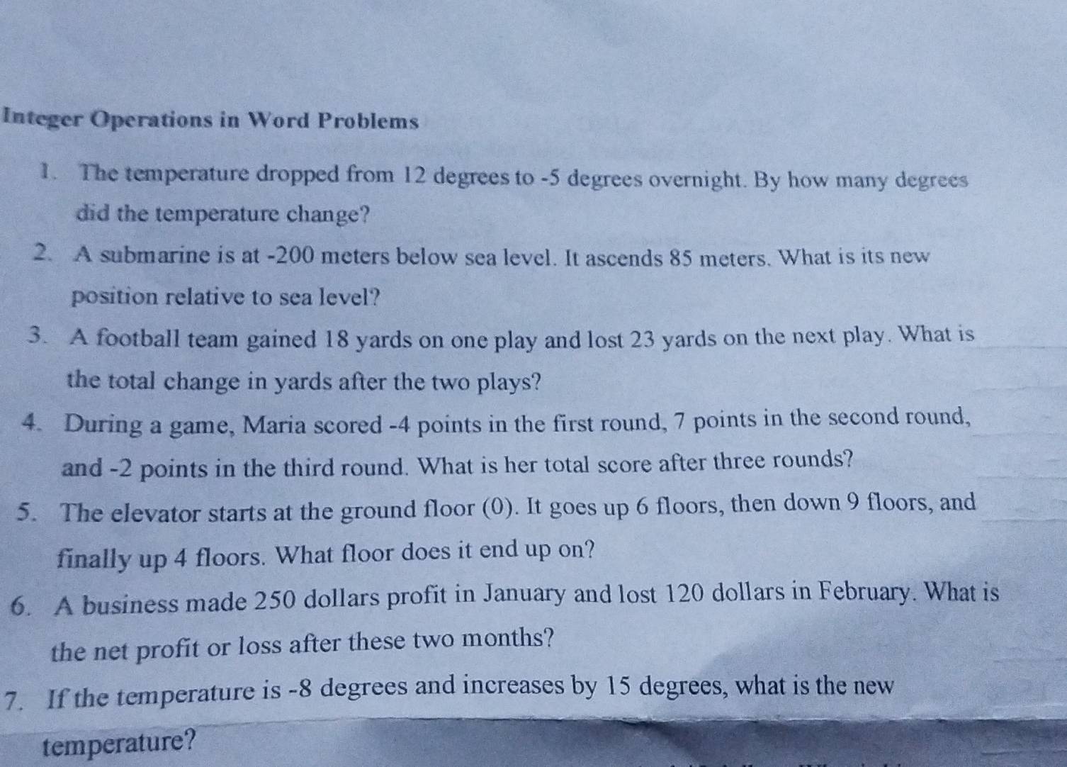 Solved: Integer Operations in Word Problems 1. The temperature dropped ...