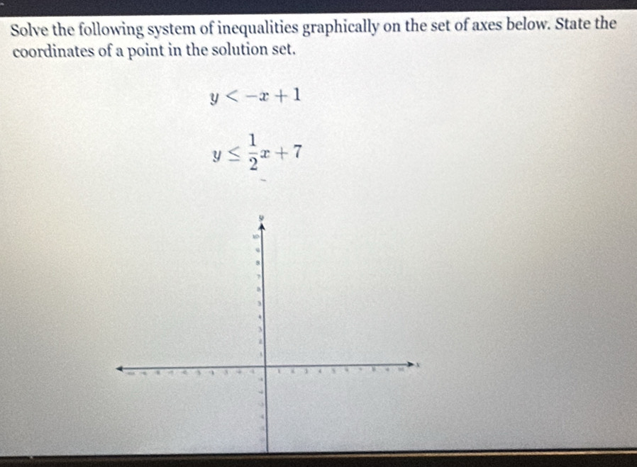 Solve the following system of inequalities graphically on the set of axes below. State the
coordinates of a point in the solution set.
y
y≤  1/2 x+7