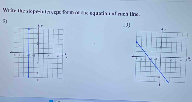 Write the slope-intercept form of the equation of each line. 
9) 
10)
x