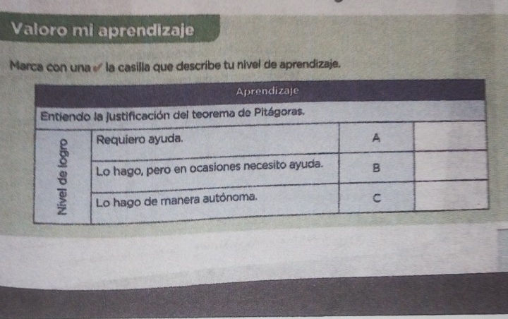 Valoro mi aprendizaje 
Marca con una la casilla que describe tu nivel de aprendizaje.