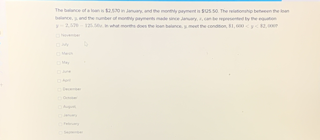 The balance of a loan is $2,570 in January, and the monthly payment is $125.50. The relationship between the loan 
balance, y, and the number of monthly payments made since January, ∞, can be represented by the equation
y=2,570-125.50x. In what months does the loan balance, y, meet the condition, 81,600 7 
November 
Jully 
March 
May 
June 
April 
December 
October 
August 
January 
February 
September