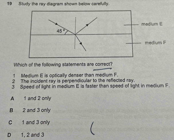 Study the ray diagram shown below carefully.
medium E
45°
medium F
Which of the following statements are correct?
1 Medium E is optically denser than medium F.
2 The incident ray is perpendicular to the reflected ray.
3 Speed of light in medium E is faster than speed of light in medium F.
A 1 and 2 only
B 2 and 3 only
C 1 and 3 only
D 1, 2 and 3