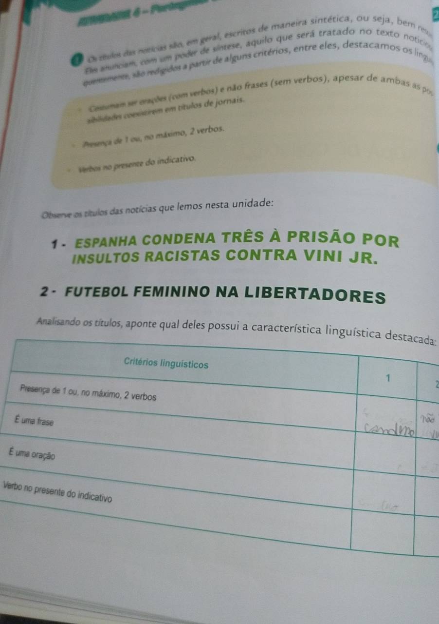 Partn 
os tulos das notícas são, em geral, escritos de maneira sintética, ou seja, bem re 
Els anunciam, com um poder de sintese, aquilo que será tratado no texto noticio, 
quenemente, são redigidos a partir de alguns critérios, entre eles, destacamos os lingi 
Comumam ser orações (com verbos) e não frases (sem verbos), apesar de ambas as pos 
aibilidades coexistirem em títulos de jornais. 
Presença de 1 ou, no máximo, 2 verbos. 
Verbos no presente do indicativo, 
Observe os títulos das notícias que lemos nesta unidade: 
1 - ESPANHA CONDENA TRÊS À PRISÃO POR 
INSULTOS RACISTAS CONTRA VINI JR. 
2 - FUTEBOL FEMININO NA LIBERTADORES 
Analisando os títulos, aponte qual deles possui a característica la: 
É 
Ver