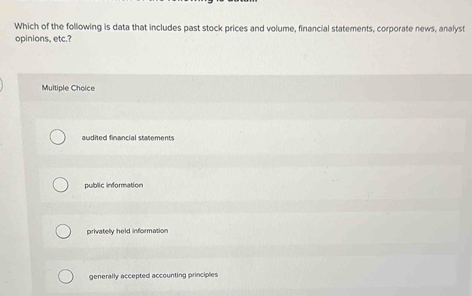 Solved: Which of the following is data that includes past stock prices ...