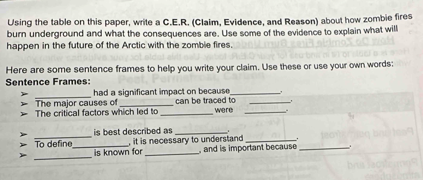 Using the table on this paper, write a C.E.R. (Claim, Evidence, and Reason) about how zombie fires 
burn underground and what the consequences are. Use some of the evidence to explain what will 
happen in the future of the Arctic with the zombie fires. 
Here are some sentence frames to help you write your claim. Use these or use your own words: 
Sentence Frames: 
_ 
had a significant impact on because_ . 
The major causes of _can be traced to_ 
. 
The critical factors which led to _were_ 
. 
_ 
is best described as_ 
. 
To define_ , it is necessary to understand _ 
. 
_ 
is known for _, and is important because_ 
.