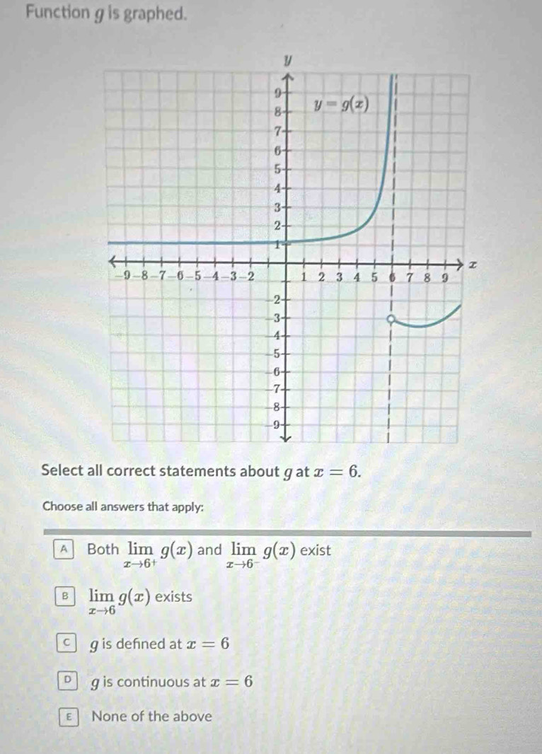 Function g is graphed.
Select all correct statements about g at x=6.
Choose all answers that apply:
A Both limlimits _xto 6^+g(x) and limlimits _xto 6^-g(x) exist
B limlimits _xto 6g(x) exists
g is defned at x=6
D g is continuous at x=6
ε None of the above